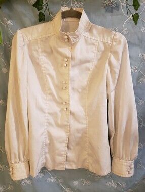 Vintage Handmade Thick Silk Blouse Off White/Cream High Neck Bishop Sleeve Med.*